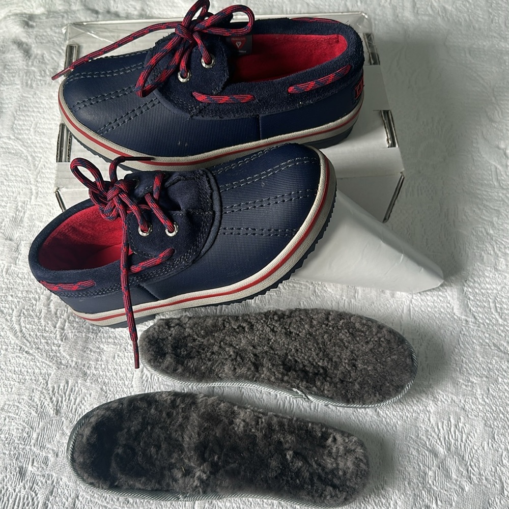 L Bean Rangley Moc Shoe Boots Navy Blue Red Lace Up Insulated Youth Size 13